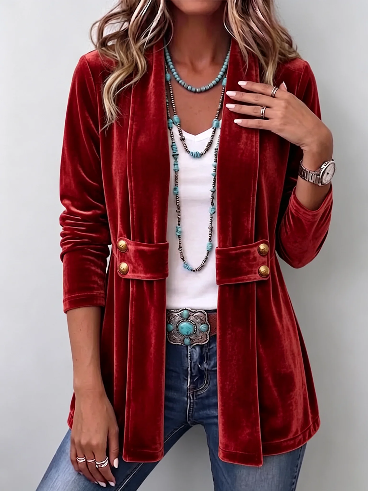 Red Holliwell™ | Vintage Lapel Button-Accent Long Sleeve Open Front Jacket