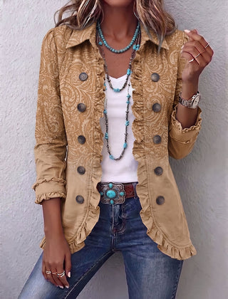 Khaki Crestelle™ | Western Pattern Print Ruffle Jacket
