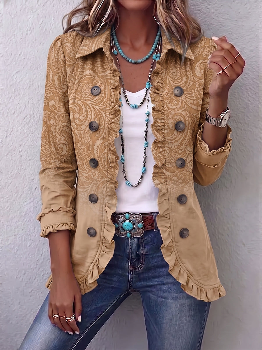 Khaki Crestelle™ | Western Pattern Print Ruffle Jacket