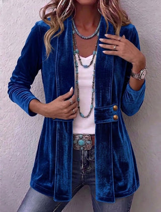 Royal Blue Holliwell™ | Vintage Lapel Button-Accent Long Sleeve Open Front Jacket