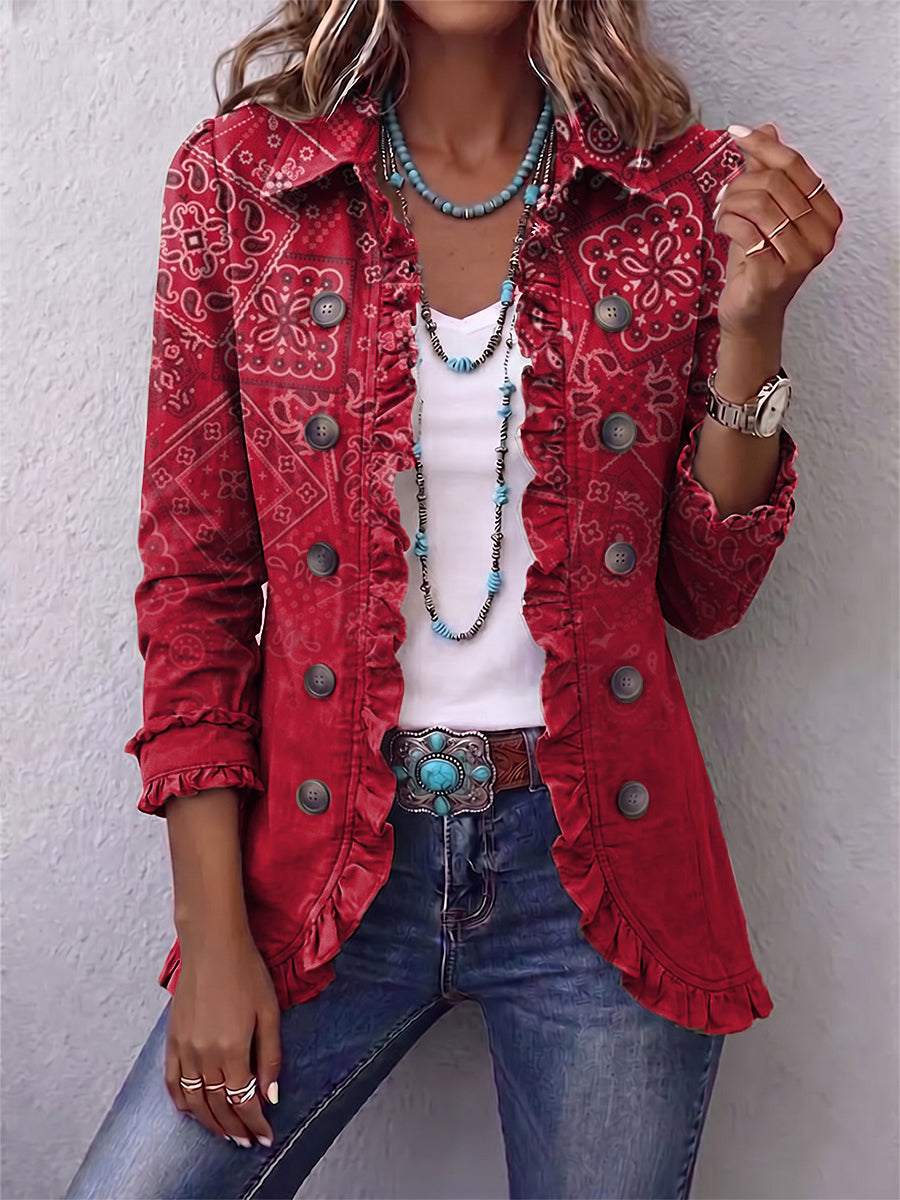 Red Criselle™ | Bohemian Paisley Ombré Print Ruffled Jacket