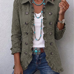 Retro Green Kamberly™ | Boho-Chic Floral Embroidered Utility Ruffled Trim Jacket
