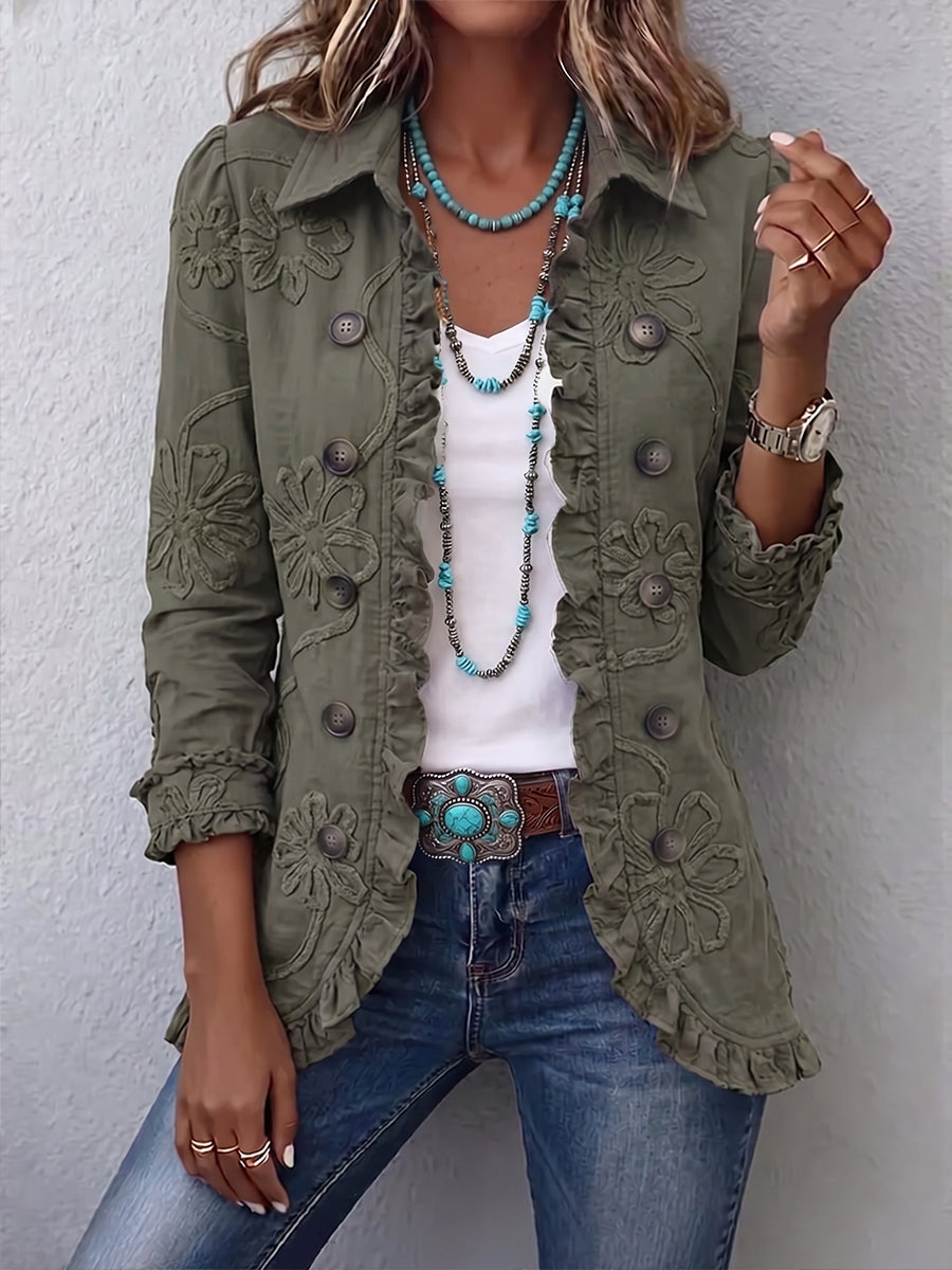 Retro Green Kamberly™ | Boho-Chic Floral Embroidered Utility Ruffled Trim Jacket