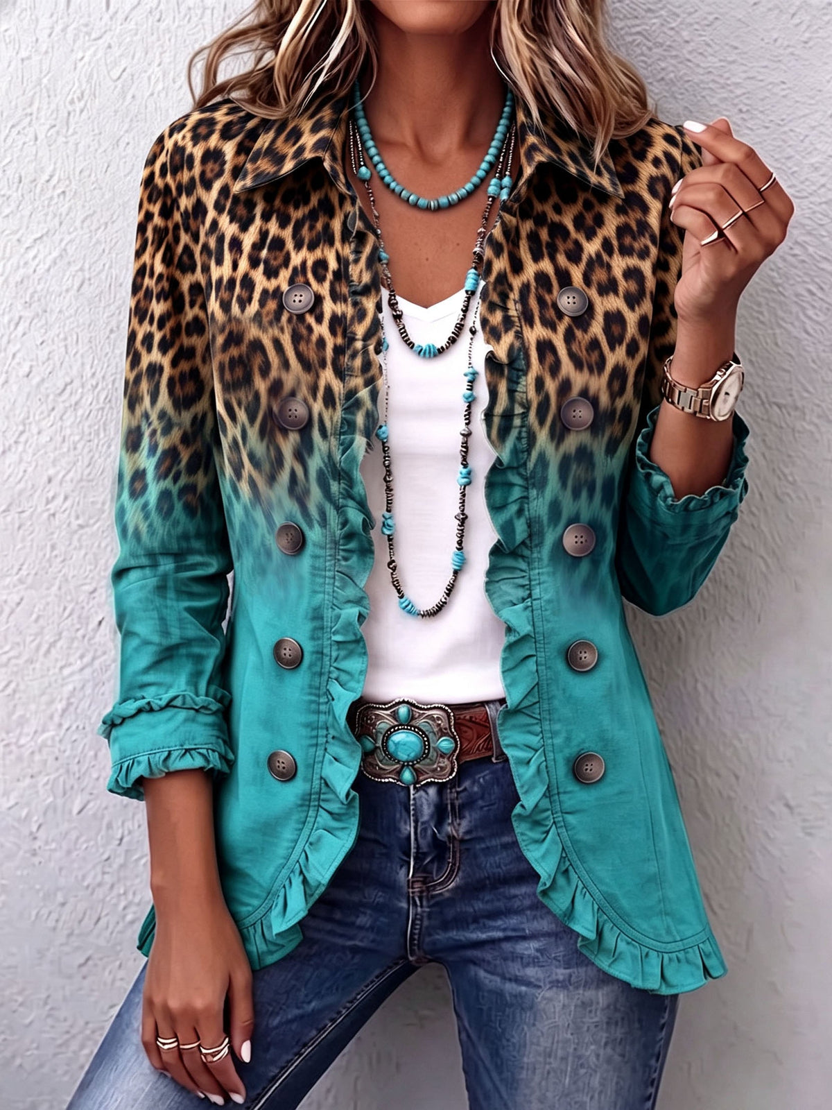 Turquoise Elspeth™ | Leopard Ombre Ruffle Blazer Jacket