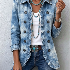 Blue Jemison™ | Boho-Style Gradient Vintage Botanical Print Ruffle-Detail Jacket