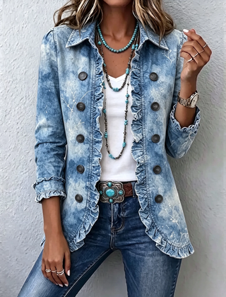 Blue Jemison™ | Boho-Style Gradient Vintage Botanical Print Ruffle-Detail Jacket