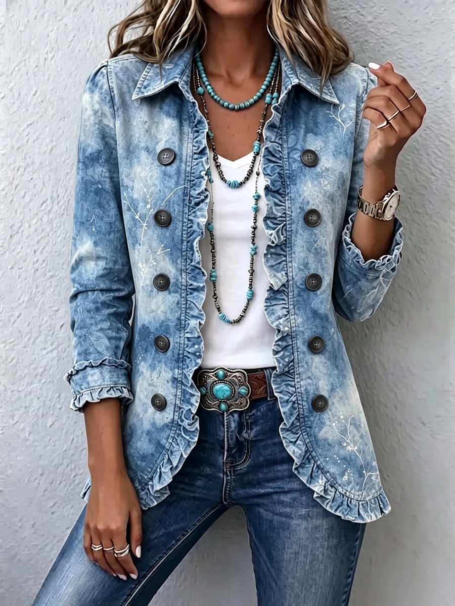 Blue Jemison™ | Boho-Style Gradient Vintage Botanical Print Ruffle-Detail Jacket
