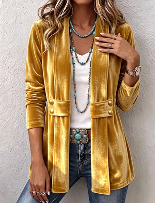 Gold Holliwell™ | Vintage Lapel Button-Accent Long Sleeve Open Front Jacket