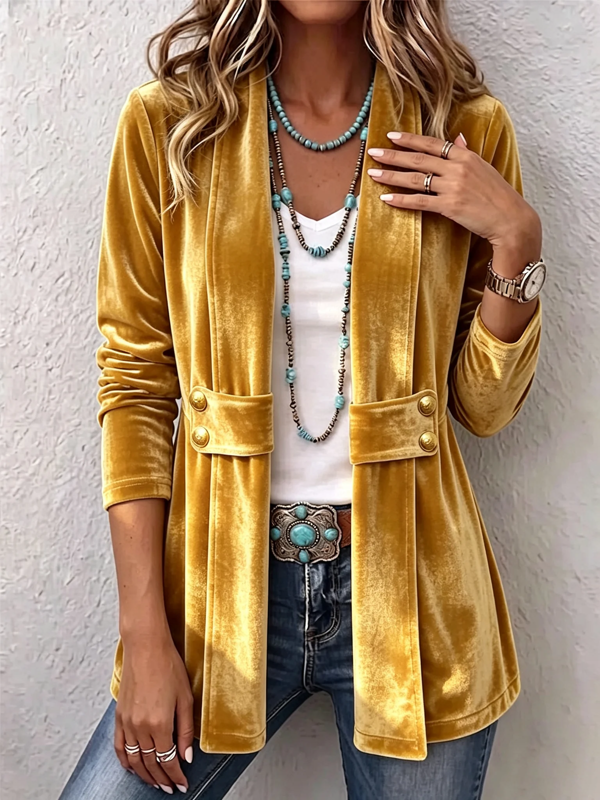 Gold Holliwell™ | Vintage Lapel Button-Accent Long Sleeve Open Front Jacket