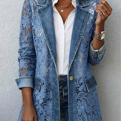Denim Blue Lacinda™ | Blazer Jacket with Floral Lace Paneling