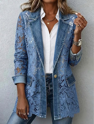 Denim Blue Lacinda™ | Blazer Jacket with Floral Lace Paneling