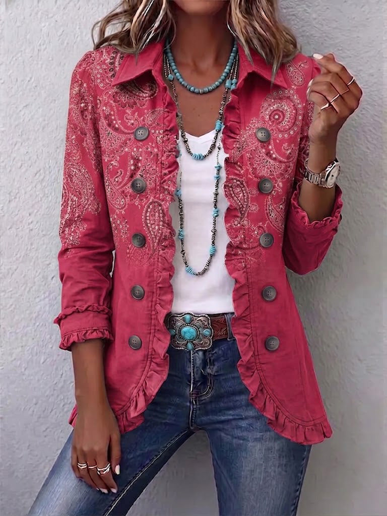 Rose Pink Anouk™ | Vintage Paisley Print Ruffled Jacket