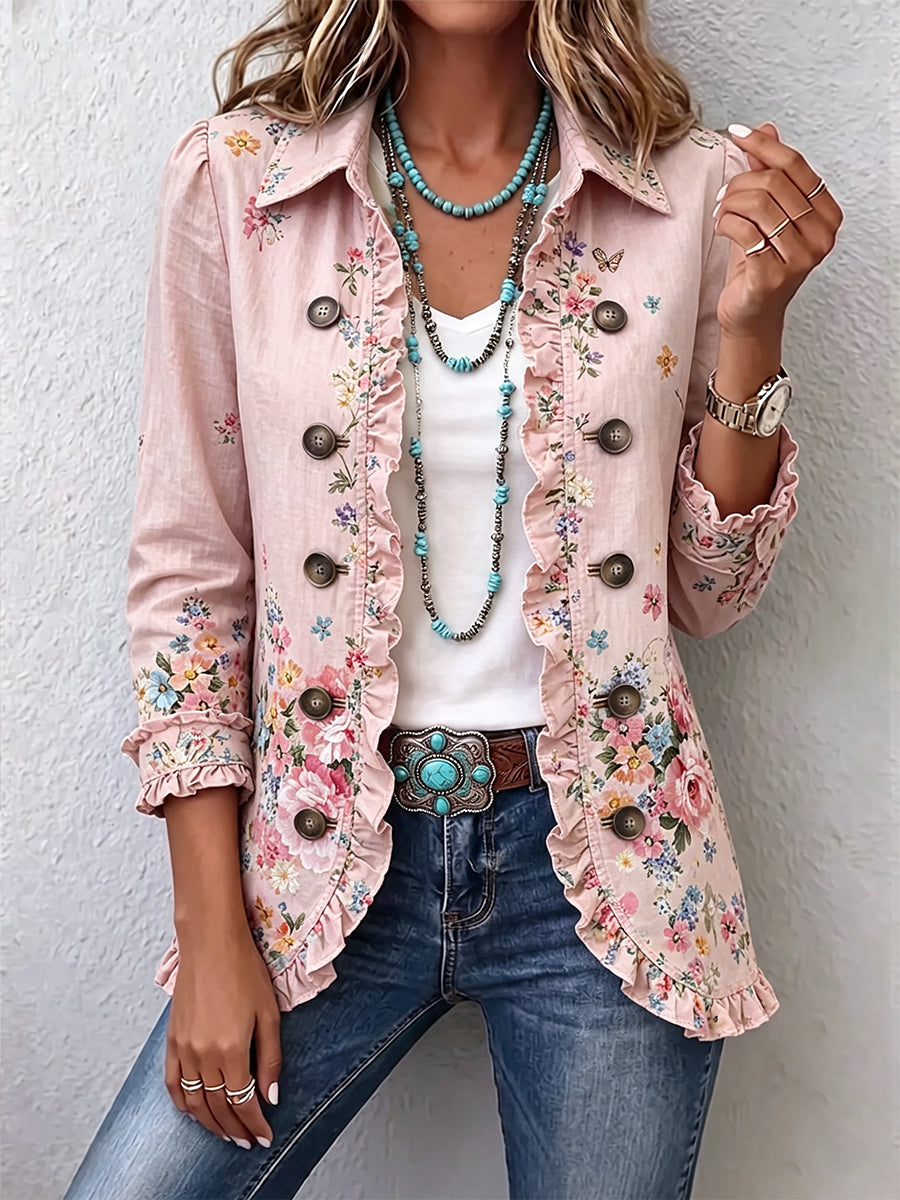 Pink Bettany™ | Floral Ruffle Button-Front Jacket