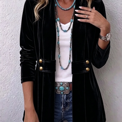 Black Holliwell™ | Vintage Lapel Button-Accent Long Sleeve Open Front Jacket
