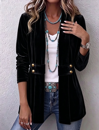 Black Holliwell™ | Vintage Lapel Button-Accent Long Sleeve Open Front Jacket