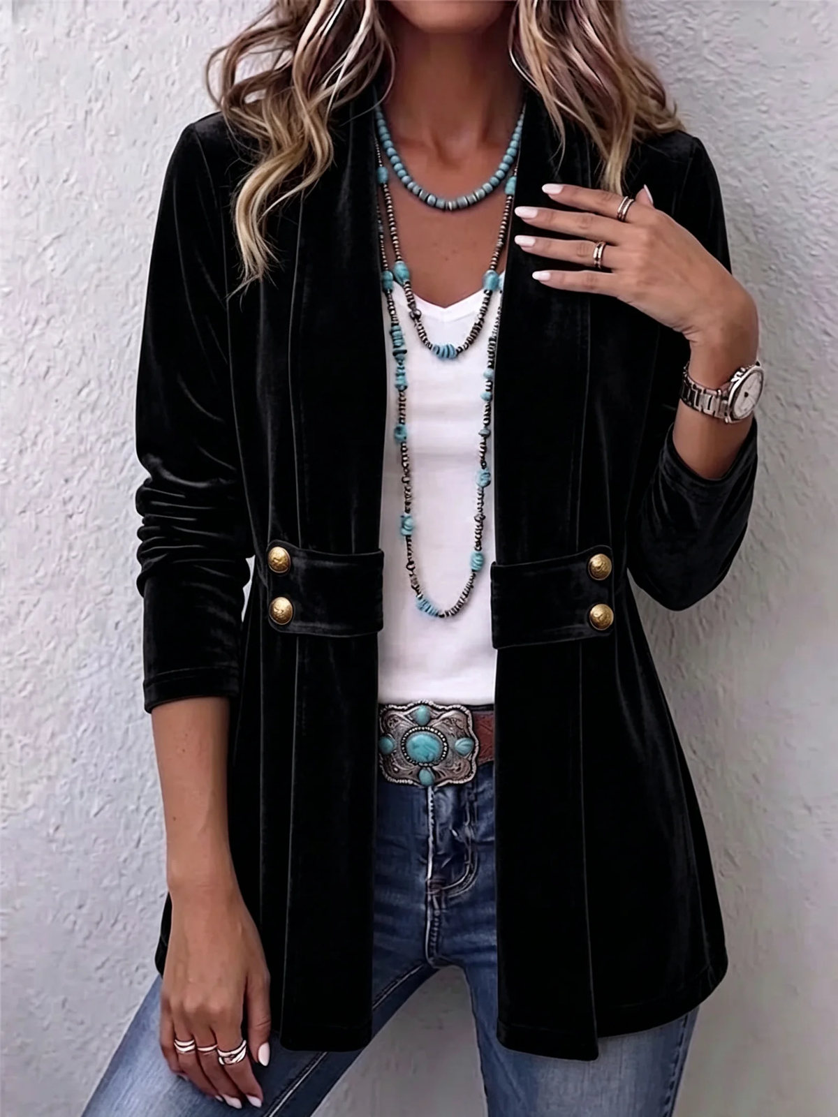 Black Holliwell™ | Vintage Lapel Button-Accent Long Sleeve Open Front Jacket
