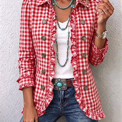 Red Charlene™ | Gingham Ruffled Button-Down Jacket