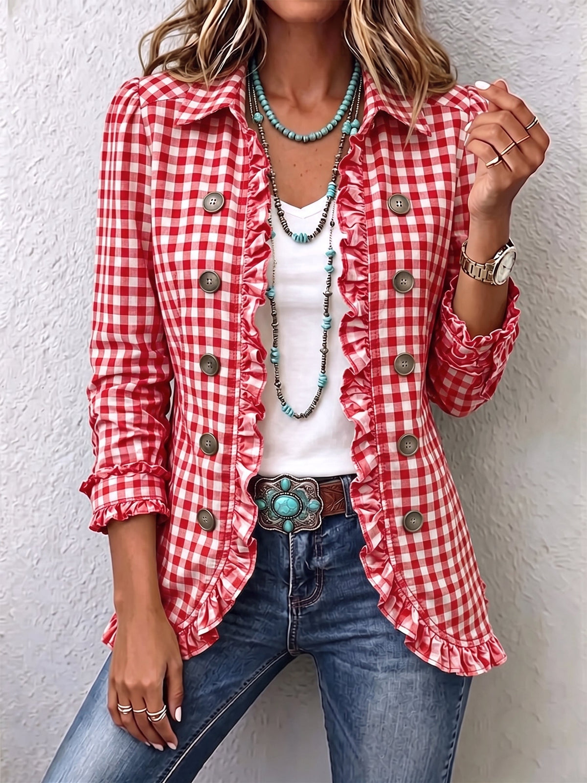 Red Charlene™ | Gingham Ruffled Button-Down Jacket