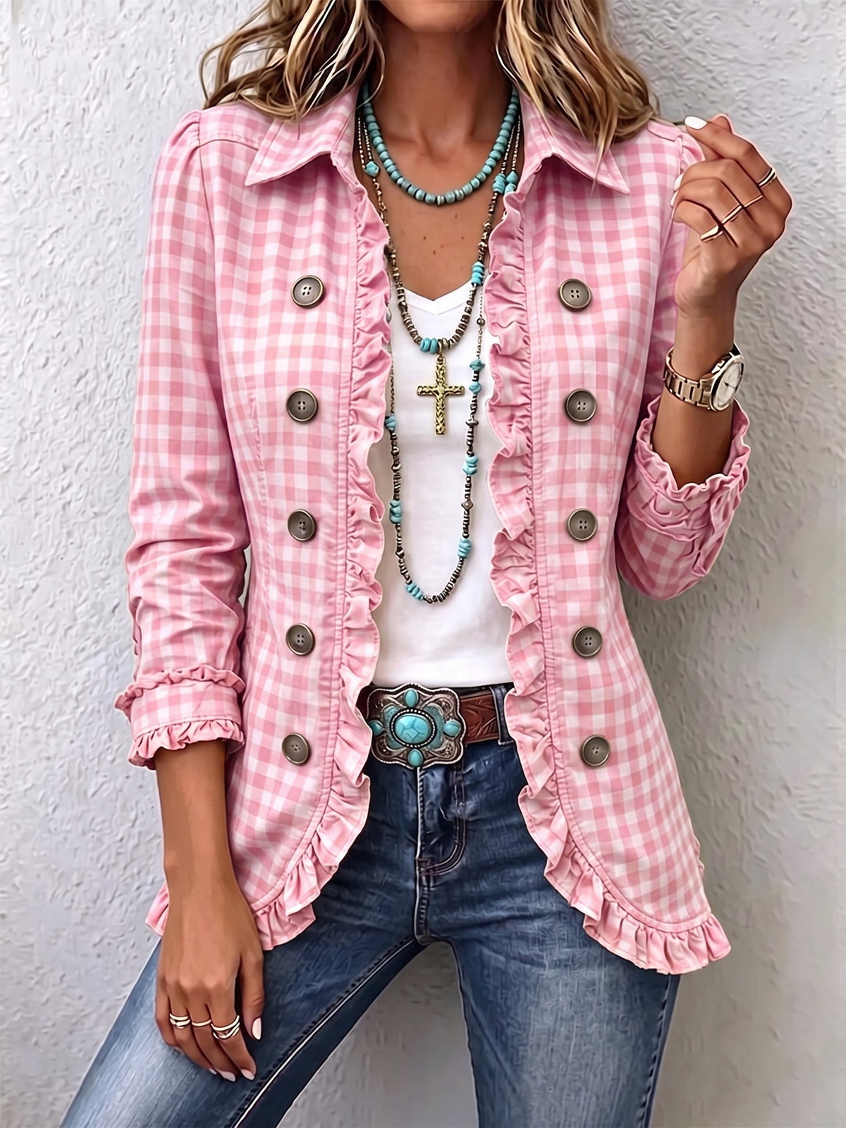 Pink Charlene™ | Gingham Ruffled Button-Down Jacket