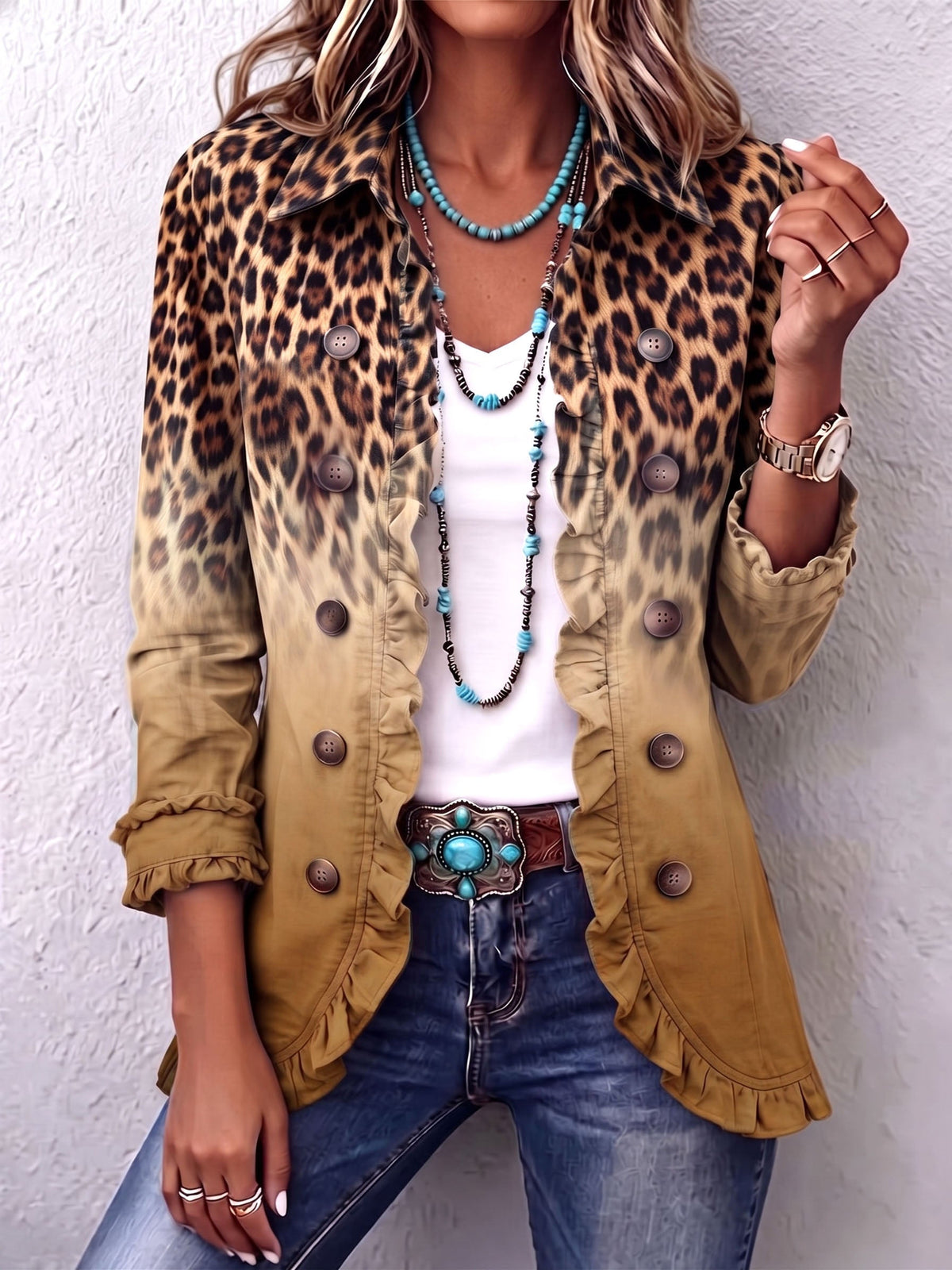 Ochre Elspeth™ | Leopard Ombre Ruffle Blazer Jacket