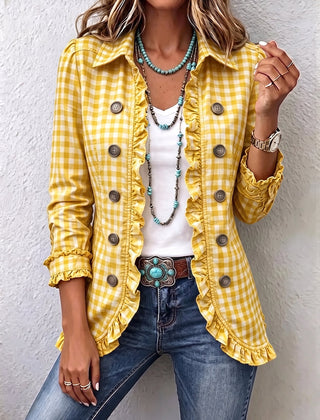 Yellow Charlene™ | Gingham Ruffled Button-Down Jacket