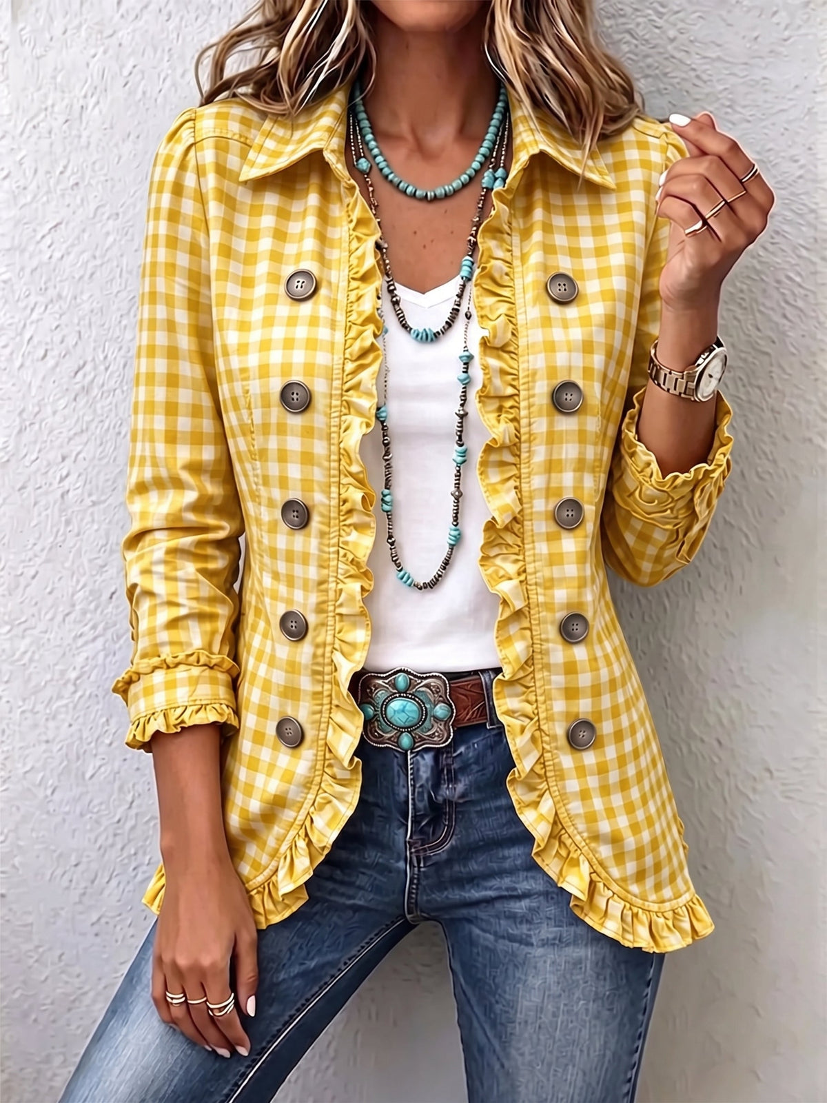 Yellow Charlene™ | Gingham Ruffled Button-Down Jacket