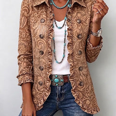 Brown Vyclara™ | Vintage Bohemian Floral Print Ruffled Jacket