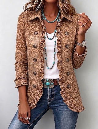 Brown Vyclara™ | Vintage Bohemian Floral Print Ruffled Jacket
