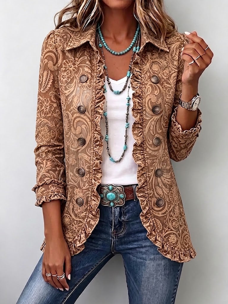 Brown Vyclara™ | Vintage Bohemian Floral Print Ruffled Jacket