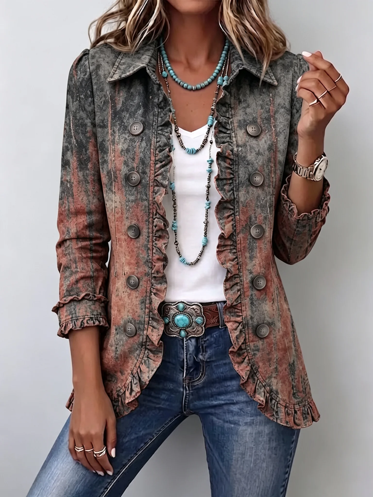 Desert Wash Bristow™ | Vintage Gradient Textured Print Ruffle Jacket