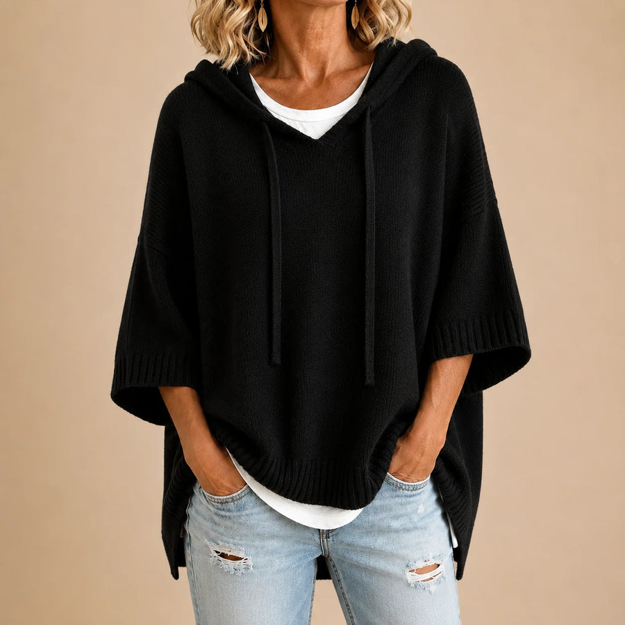 Ottavia Hooded Poncho Sweater in Black