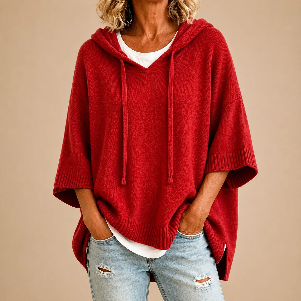 Ottavia Hooded Poncho Sweater in Red