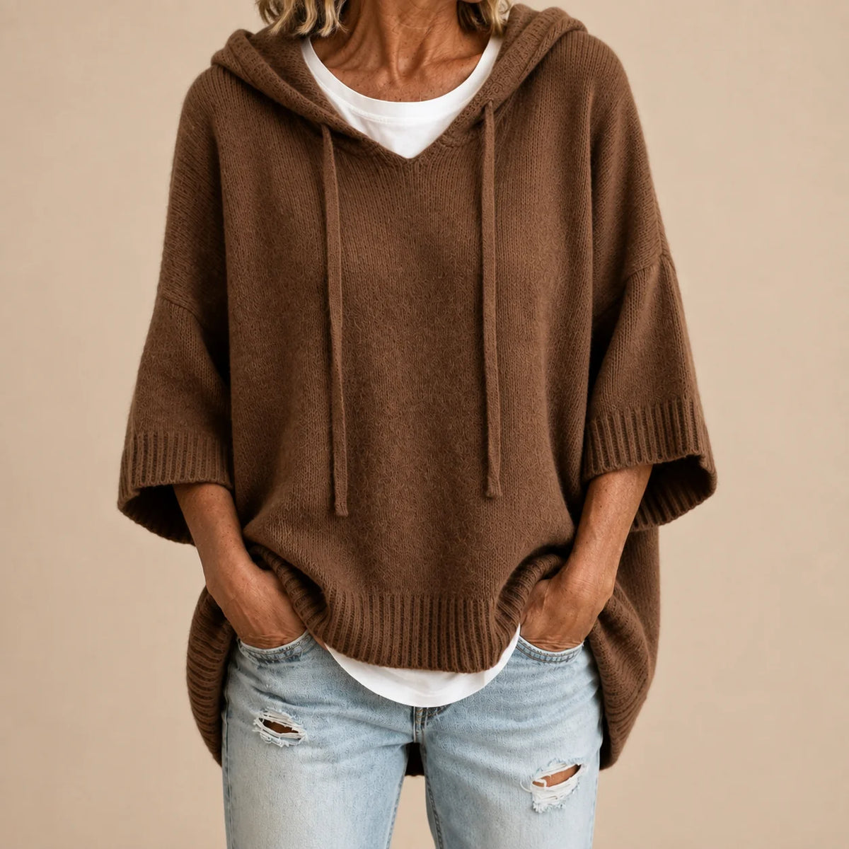 Ottavia Hooded Poncho Sweater in Brown