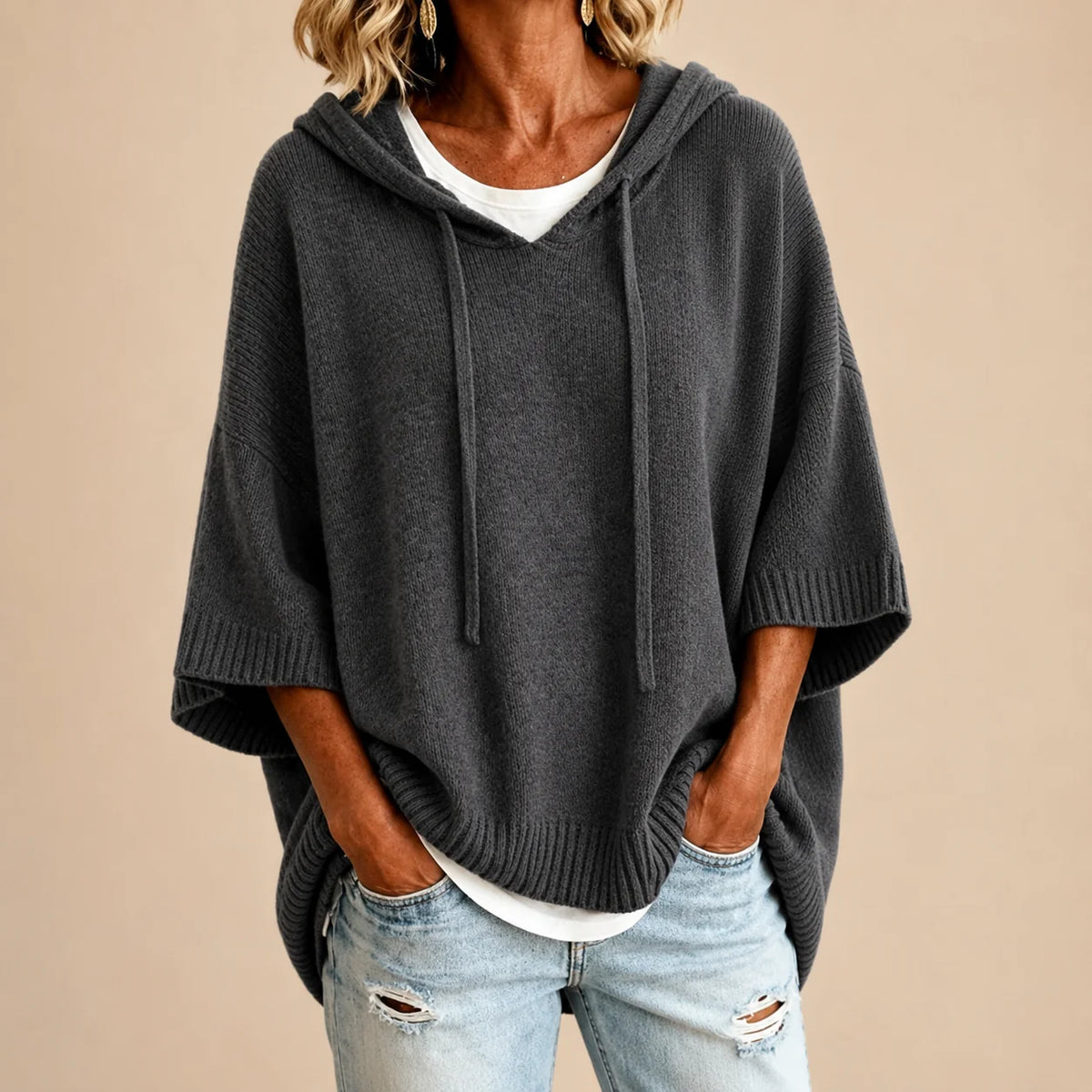 Ottavia Hooded Poncho Sweater in Gray