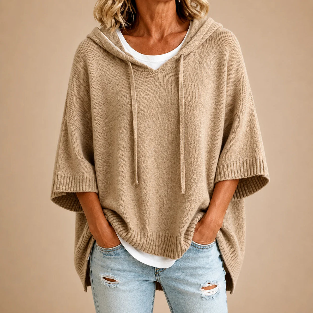 Ottavia Hooded Poncho Sweater in Beige