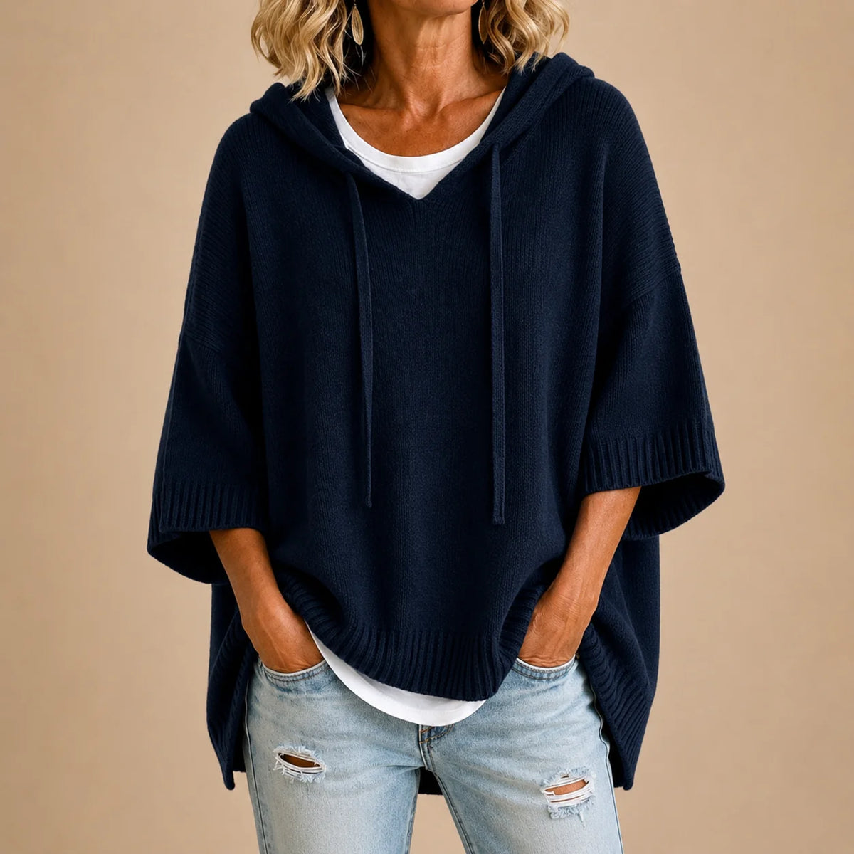 Ottavia Hooded Poncho Sweater in Navy