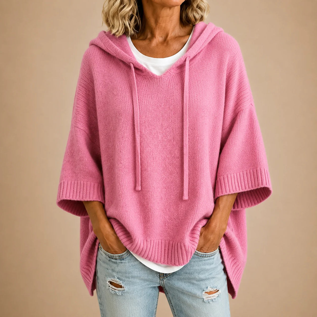 Ottavia Hooded Poncho Sweater in Pink