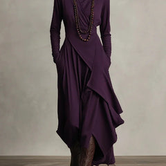 Asymmetric Draped Mock Neck Maxi Dress in Plum