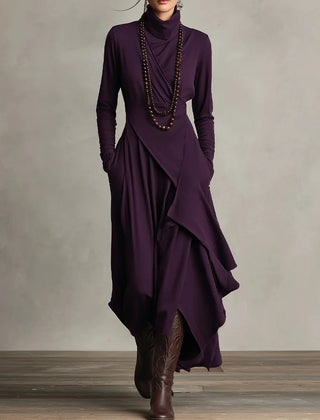 Asymmetric Draped Mock Neck Maxi Dress in Plum