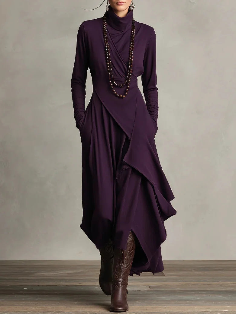 Asymmetric Draped Mock Neck Maxi Dress in Plum