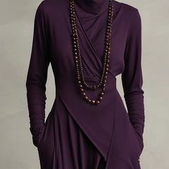 Asymmetric Draped Mock Neck Maxi Dress in Plum