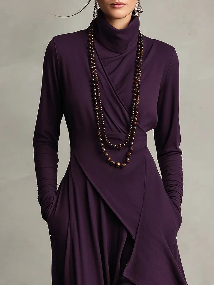 Asymmetric Draped Mock Neck Maxi Dress in Plum