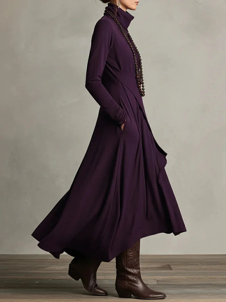 Asymmetric Draped Mock Neck Maxi Dress in Plum