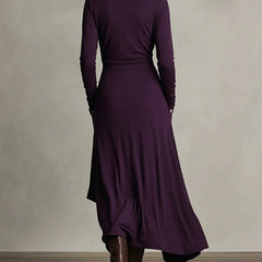 Asymmetric Draped Mock Neck Maxi Dress in Plum