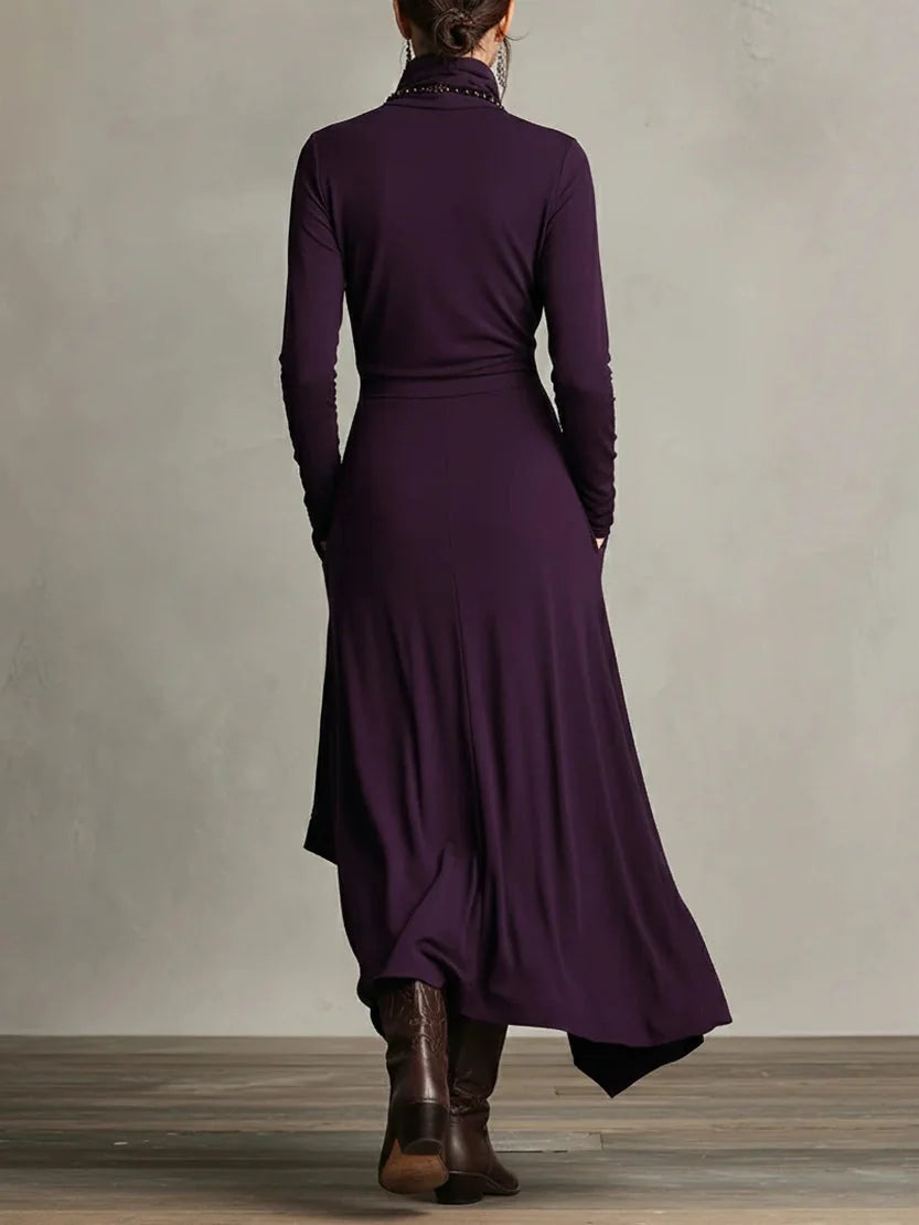 Asymmetric Draped Mock Neck Maxi Dress in Plum