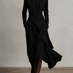 Asymmetric Draped Mock Neck Maxi Dress in Black