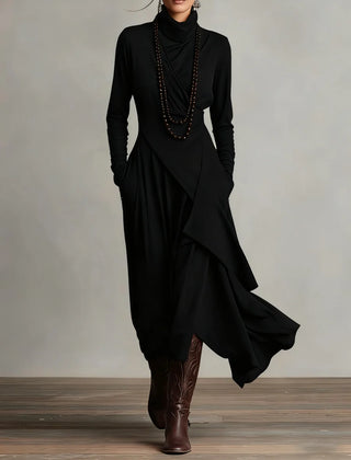 Asymmetric Draped Mock Neck Maxi Dress in Black