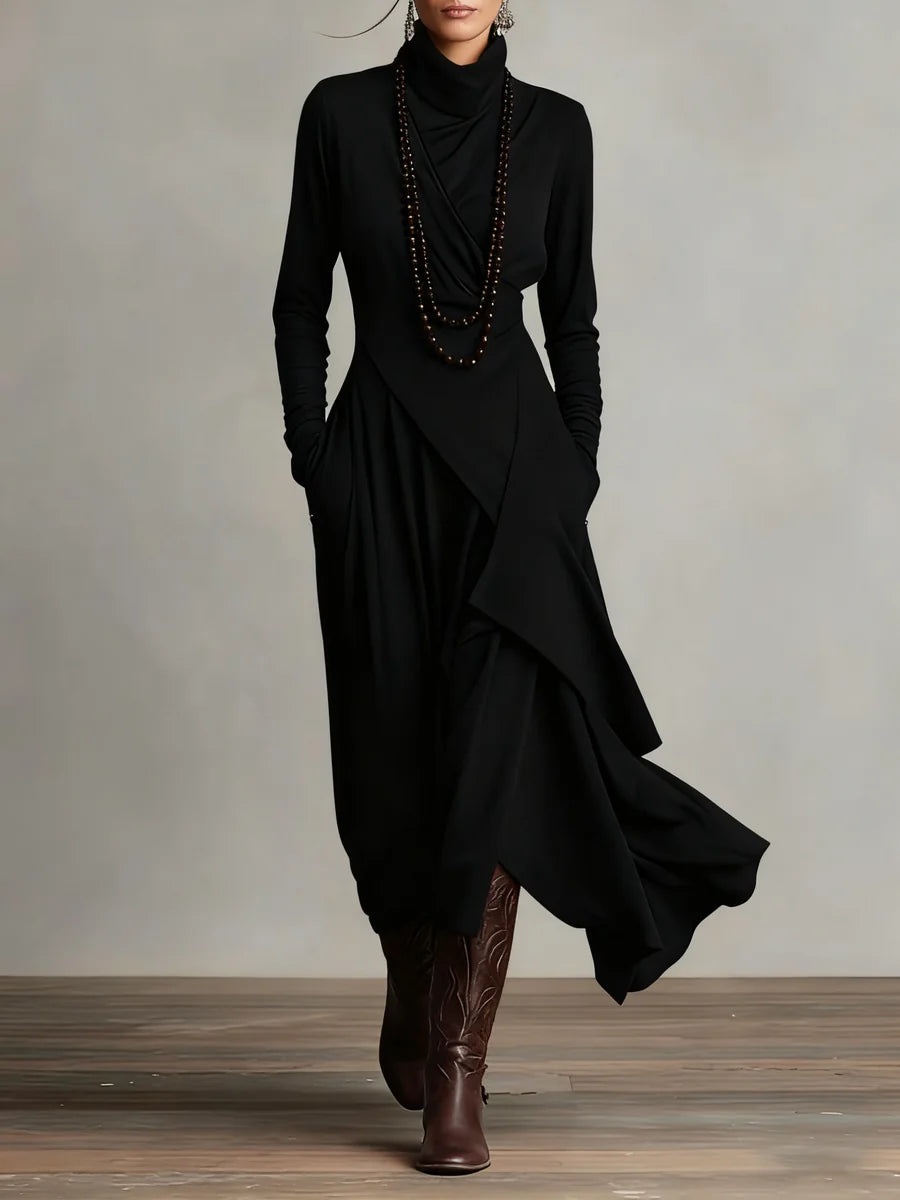 Asymmetric Draped Mock Neck Maxi Dress in Black