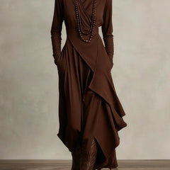 Asymmetric Draped Mock Neck Maxi Dress in Brown