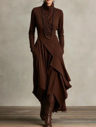 Asymmetric Draped Mock Neck Maxi Dress in Brown